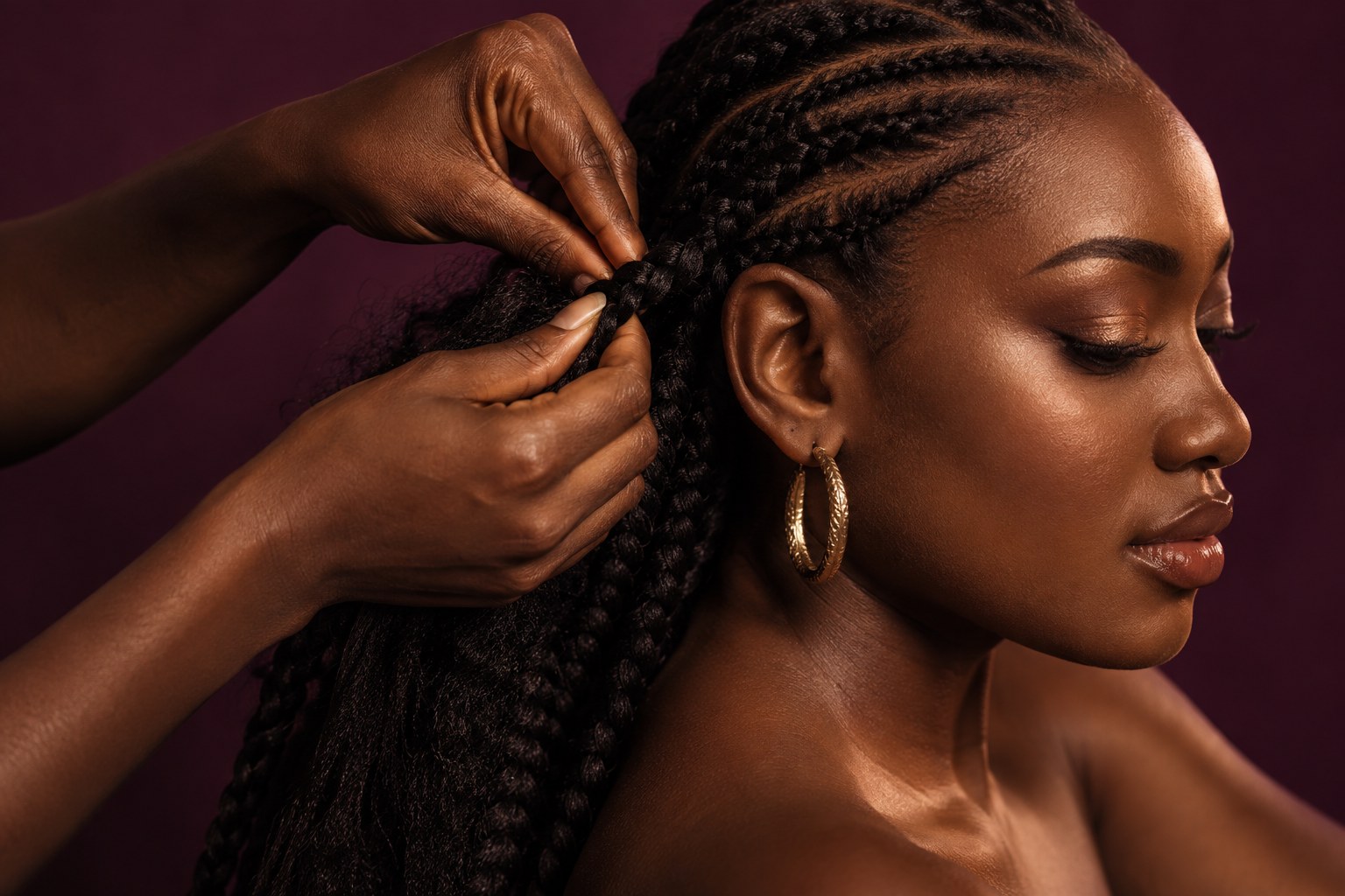 Editorial image of textured hair being carefully braided